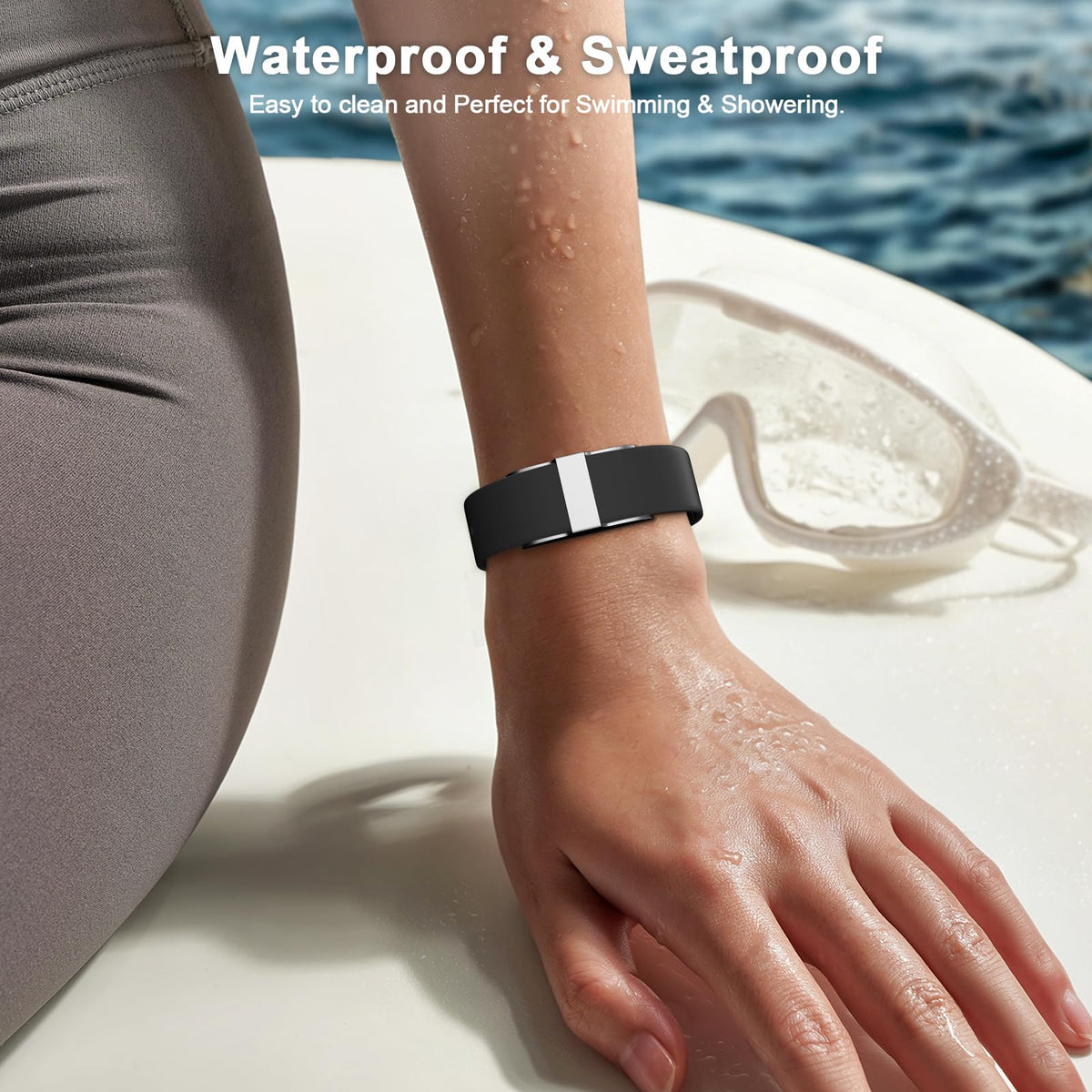 OriJoy strap shown in water to highlight waterproof, sweat-proof design for active wear.