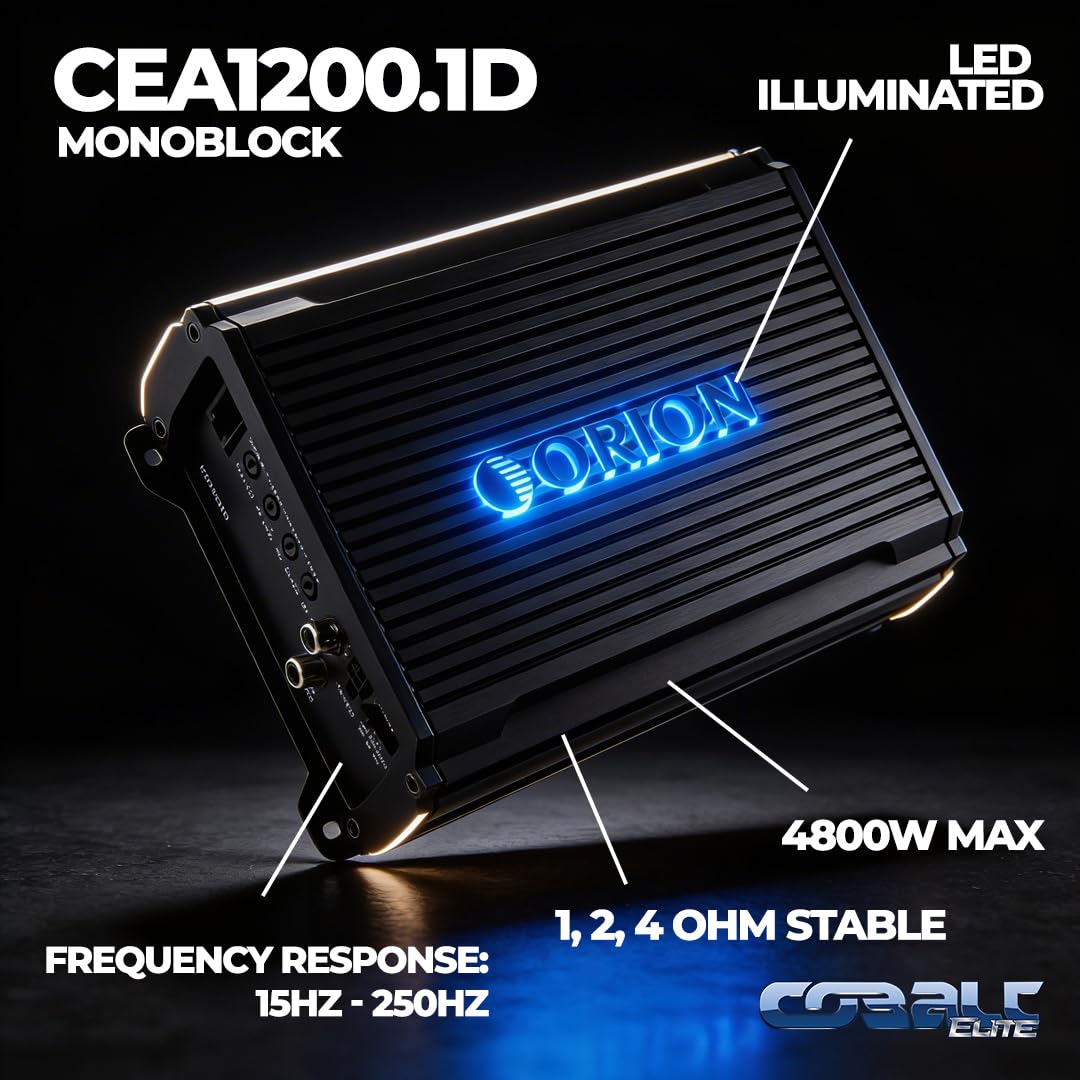 Orion Cobalt Elite CEA1200.1D side chassis demonstrates slim design for tight installs.