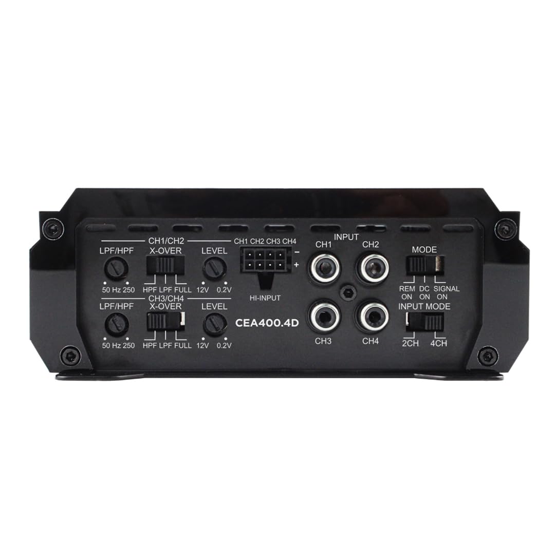 ORION Cobalt Elite CEA400.4D back view displaying wiring ports for flexible configurations.