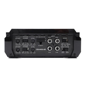 ORION Cobalt Elite CEA400.4D back view displaying wiring ports for flexible configurations.
