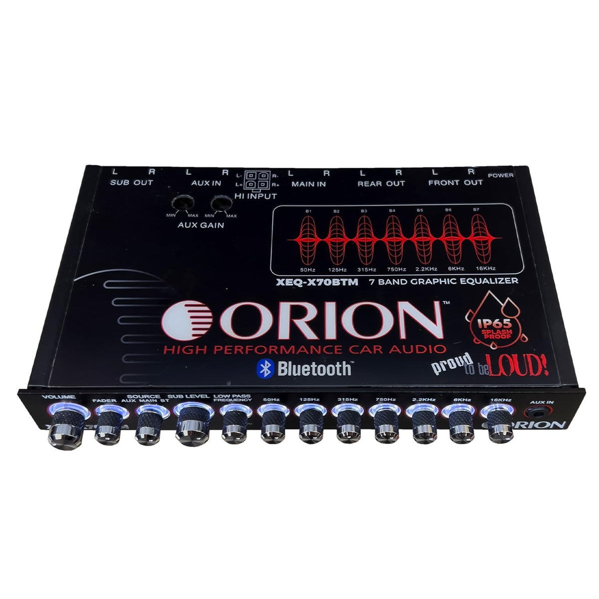 Orion XEQ-X70BTM front 3.5mm AUX input enables quick device pairing.