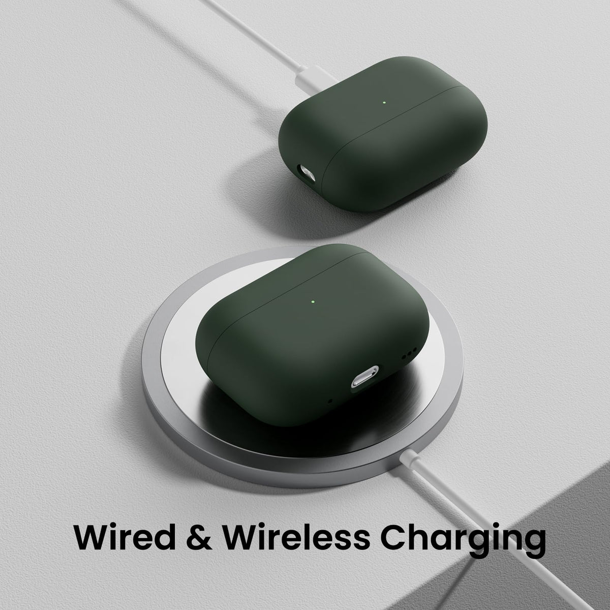 ORNARTO Mystic Green AirPods Pro 2 case demonstrates wireless and wired charging without removal.