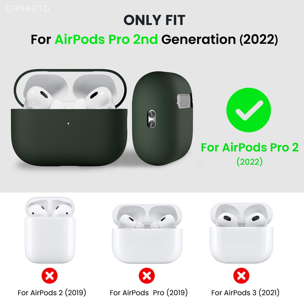 ORNARTO Mystic Green AirPods Pro 2 side profile shows slim, secure protection.