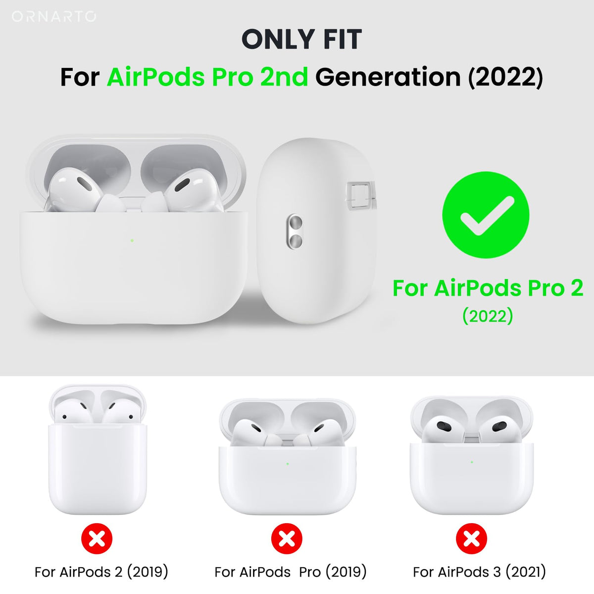 ORNARTO AirPods Pro 2 case top view in soft touch white for comfortable grip.