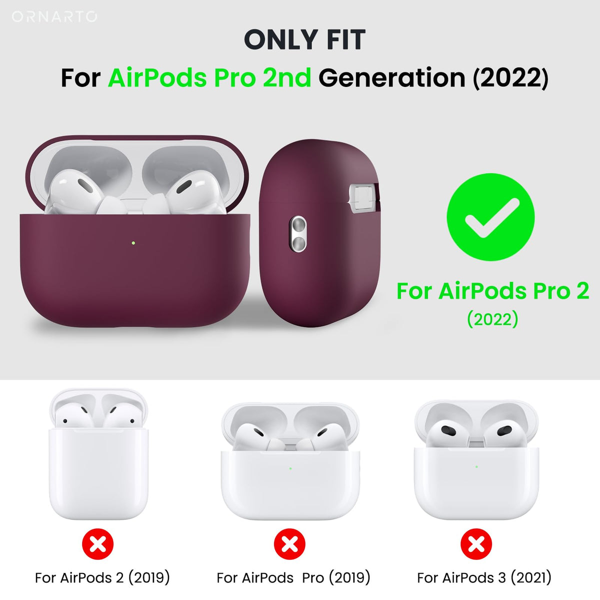 ORNARTO AirPods Pro 2 case wine red top view shows secure snap fit