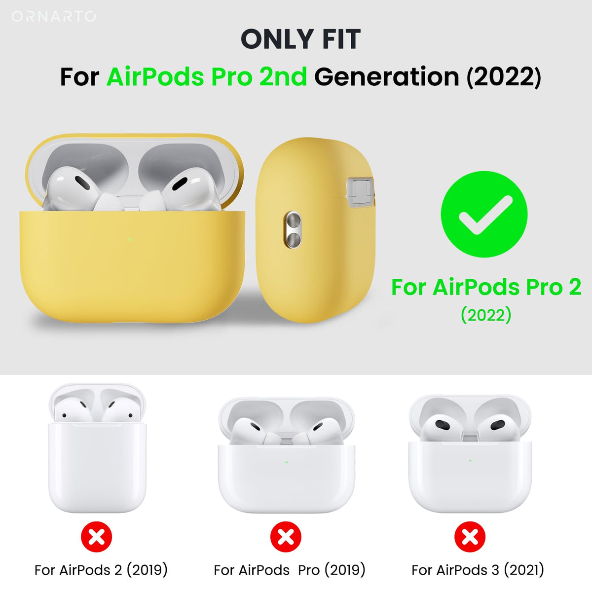 ORNARTO AirPods Pro 2 case yellow back view with durable outer coating guarding daily bumps.