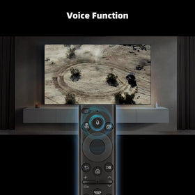 Close-up of ORQRQO remote buttons shows tactile layout
