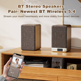 Orroplus Active Bookshelf Speakers desktop setup on a compact desk or shelf