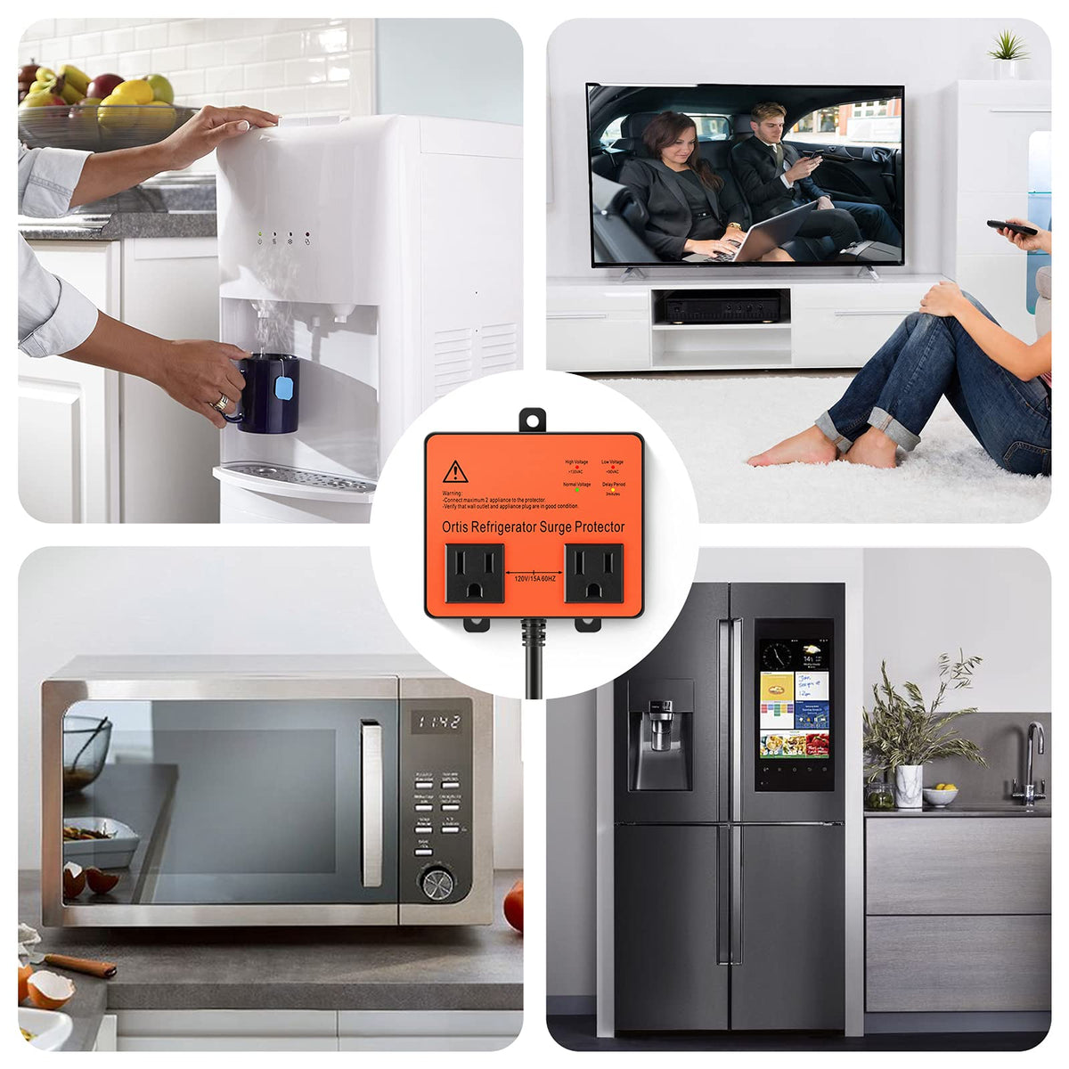 Ortis in a kitchen setting next to fridge and microwave, safeguards household devices