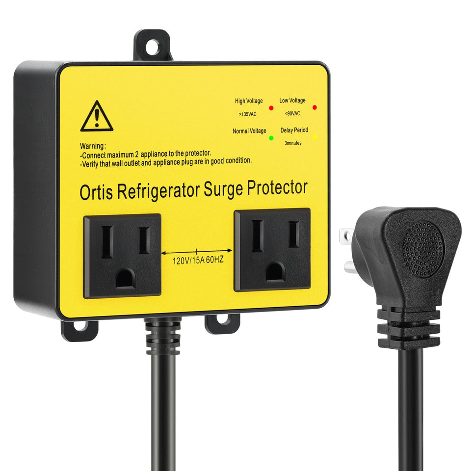 Ortis refrigerator surge protector front view protects appliances from voltage spikes and outages.