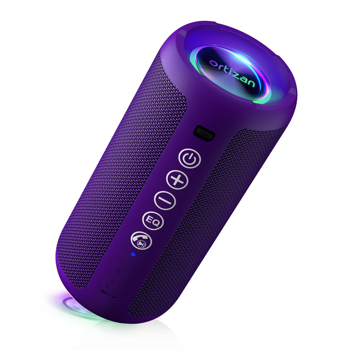Ortizan front view showing speaker grille and purple finish for bold sound