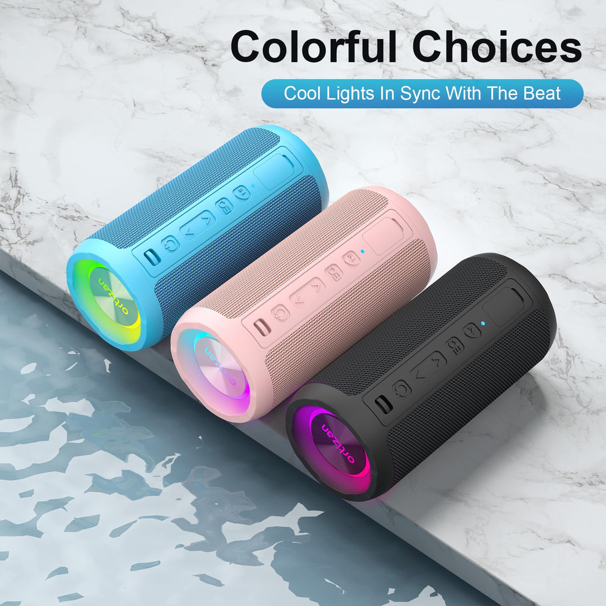 Ortizan speaker with USB-C, AUX cable and carabiner illustrating included accessories