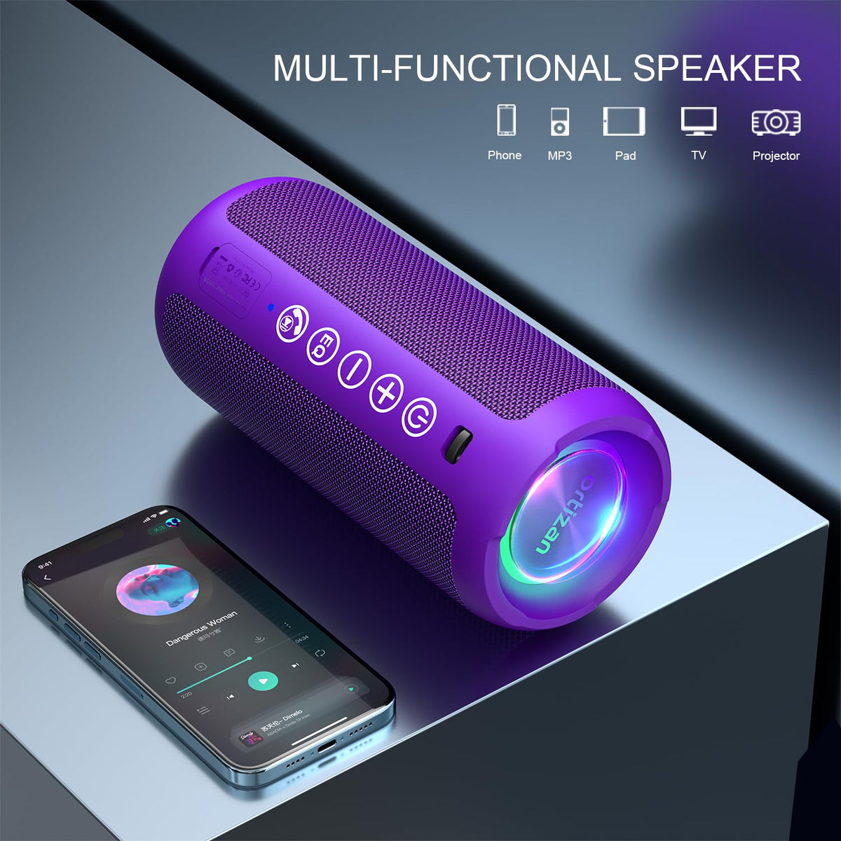 Ortizan top controls with buttons for easy playback and volume control