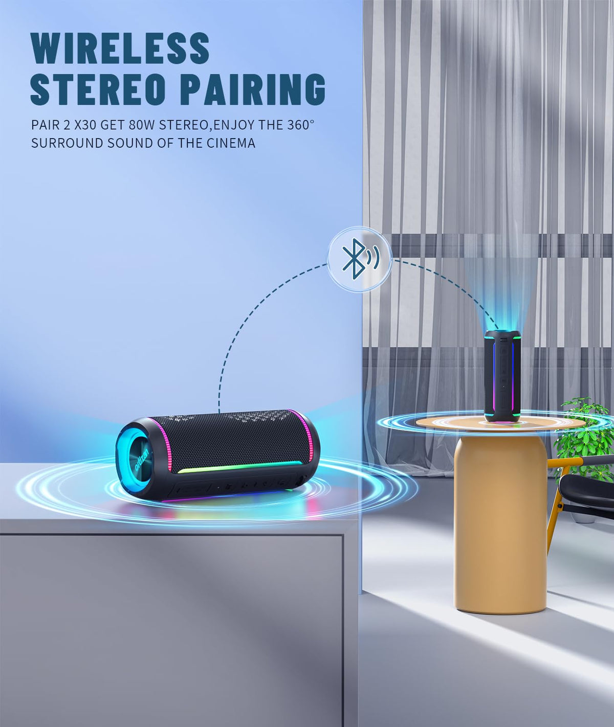 Ortizan X30 wireless stereo pairing for dual speakers in larger spaces