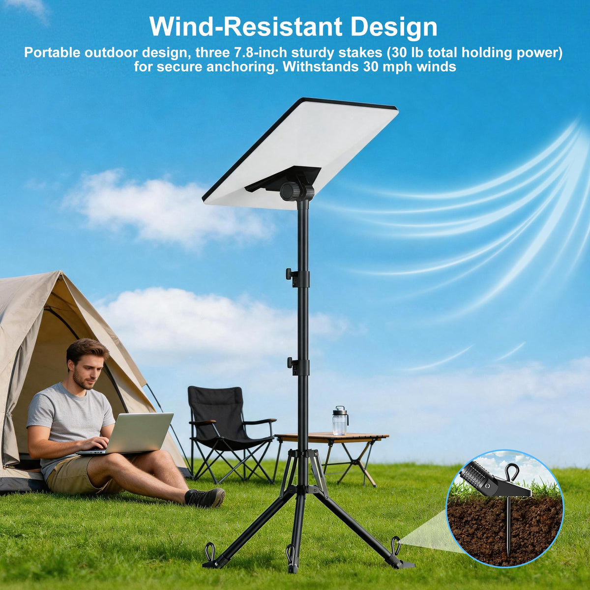ORWOD wind-resistant design with ground nails anchors Starlink Mini in outdoor conditions.