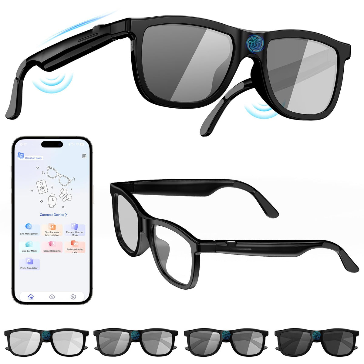 Osawalla adjustable tint glasses showing four brightness levels for light control.