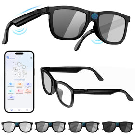 Osawalla adjustable tint glasses showing four brightness levels for light control.