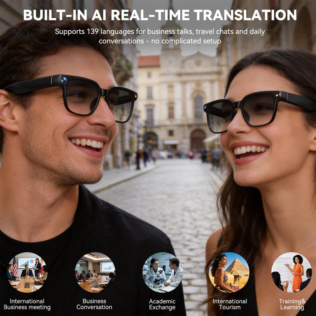 Photochromic lenses darken in sun for UV protection and comfort.