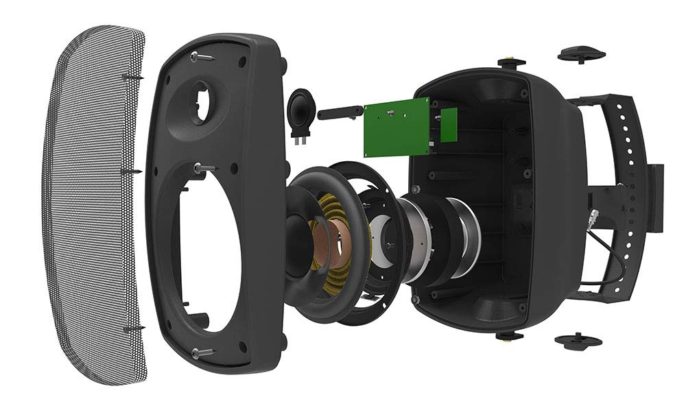 OSD Audio outdoor speaker pair in backyard setup for balanced stereo.