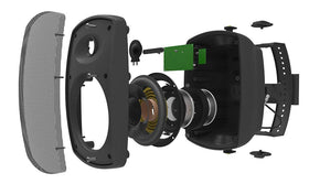 OSD Audio outdoor speaker pair in backyard setup for balanced stereo.
