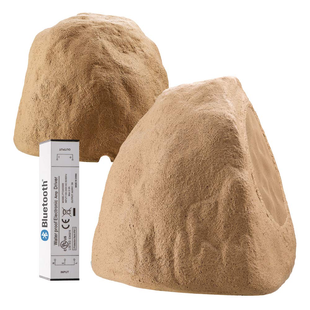 OSD Audio 8in outdoor rock speaker pair in sandstone blends with landscape and provides ambient backyard audio