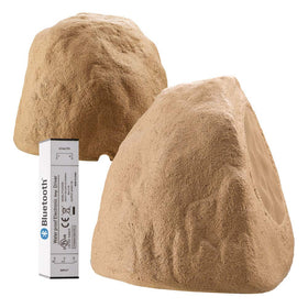 OSD Audio 8in outdoor rock speaker pair in sandstone blends with landscape and provides ambient backyard audio