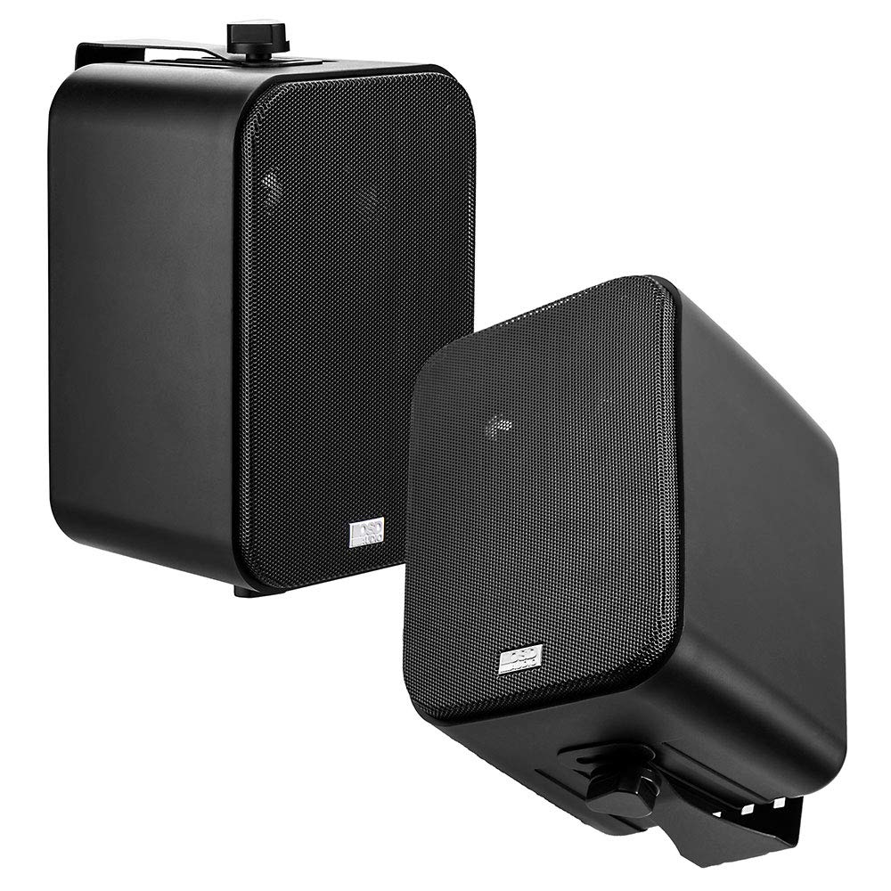 OSD Audio AP450 outdoor patio speaker pair on a deck, weather resistant and ready for outdoor listening.