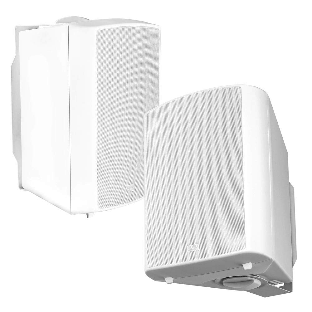 OSD Audio AP520 front view: white weatherproof patio speakers for outdoor entertaining.