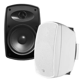 OSD Audio AP525 patio speaker pair side view shows compact weather-ready design for outdoors.