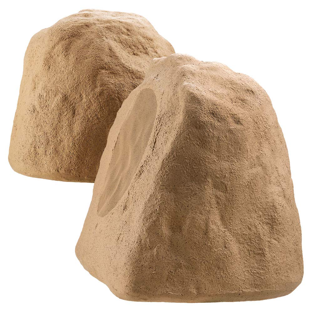 OSD Audio garden patio rock speaker setup showing discreet landscaping integration