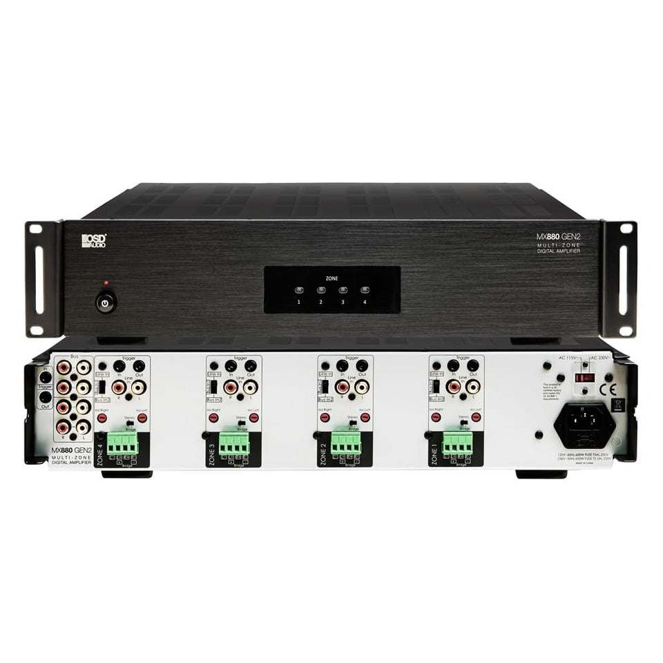 OSD Audio MX880 Gen2 front panel view with clear status indicators for quick zone control.