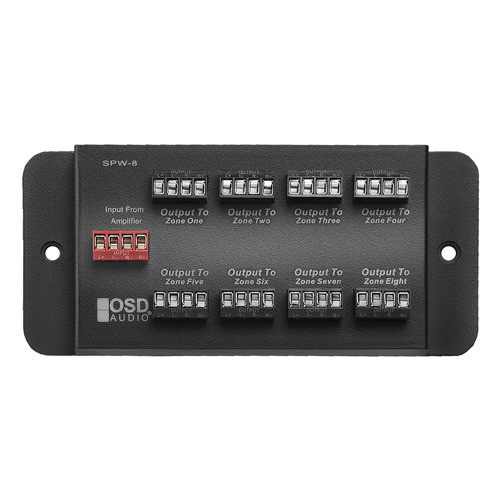 OSD Audio SPW-8 front panel showing labeled zone outputs for neat wiring