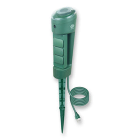 OSKOS front view of stake showing three covered outlets and green housing offering weatherproof convenience