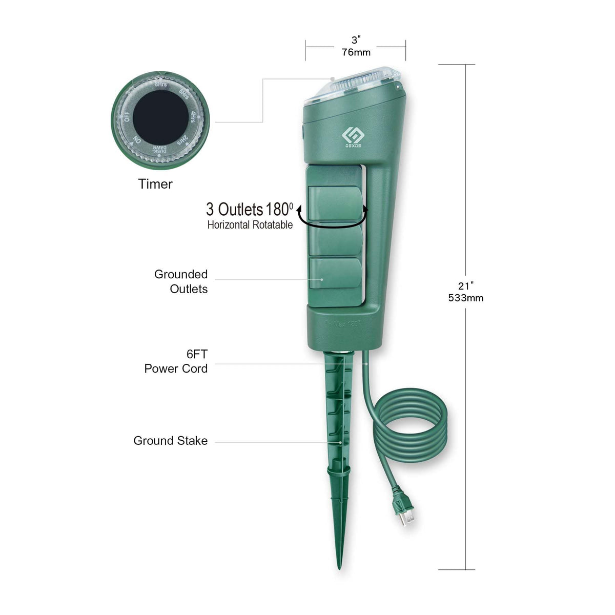 OSKOS installed in a garden bed demonstrating easy ground insertion and reliable outdoor power for lights