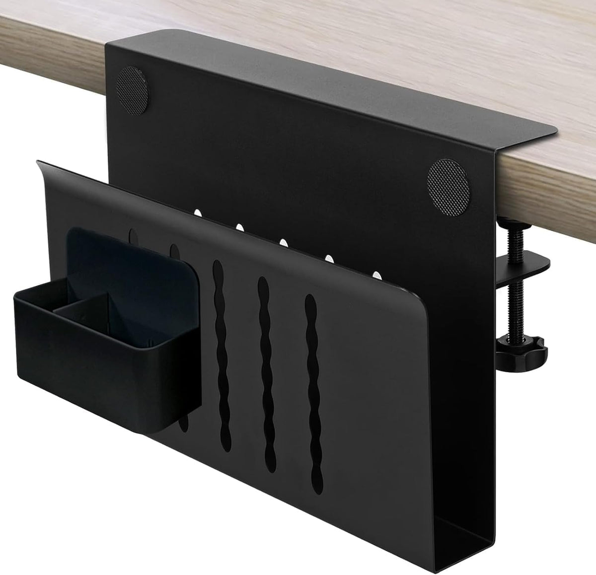 Osseph desk side storage clamps to the desk edge for tidy, reachable essentials