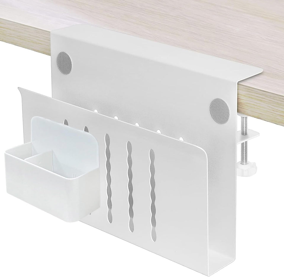 Osseph desk side storage rack keeps cords and files neatly within reach.