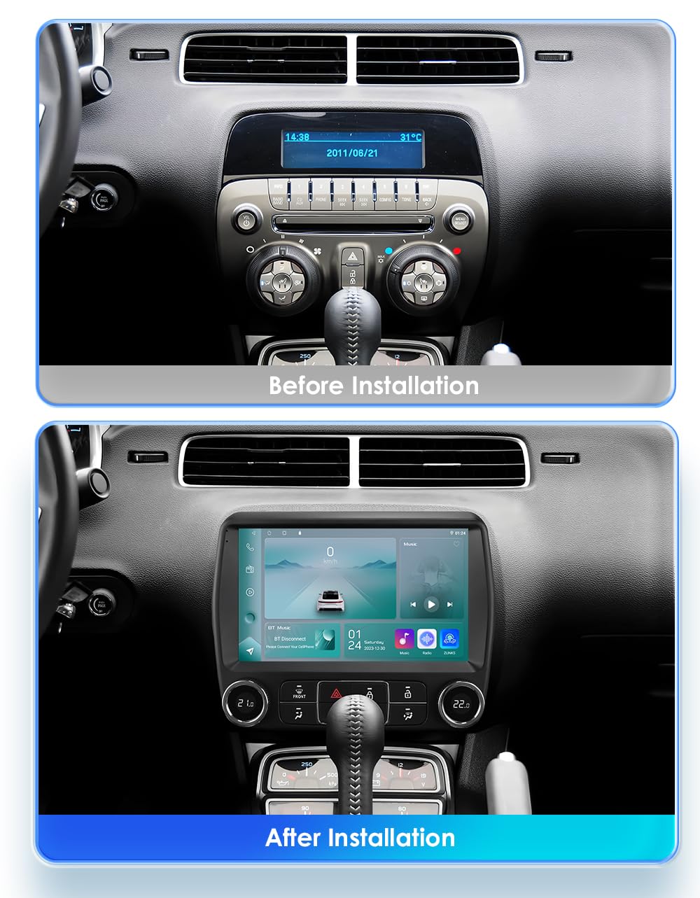 Ossuret Camaro Android 14 stereo dash display with bright, responsive interface