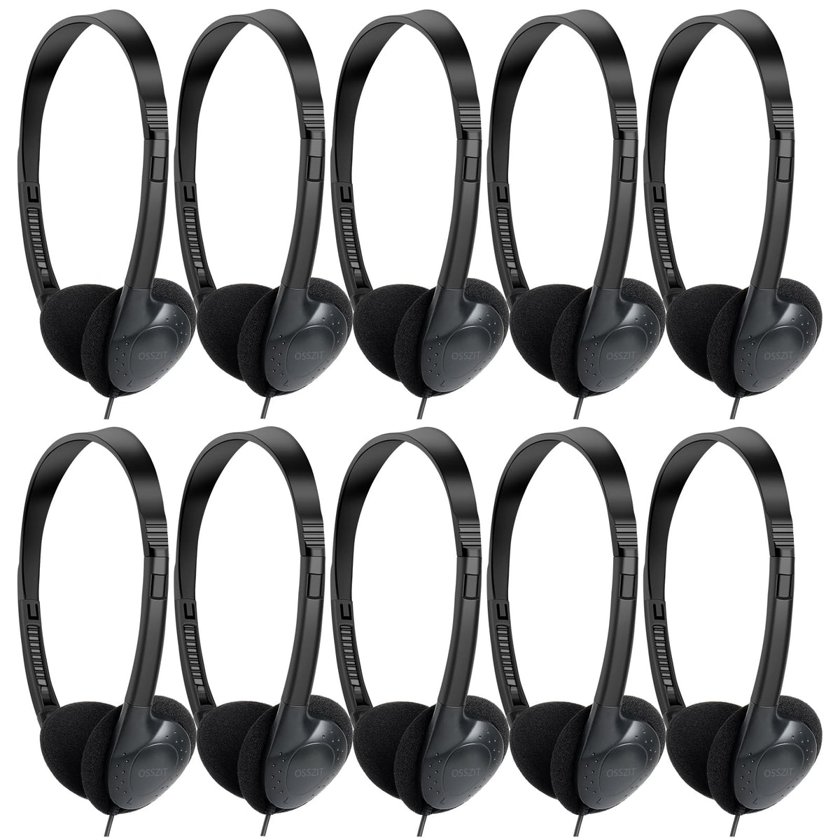 OSSZIT front packaging showing 30-pack black headphones and quick setup benefit