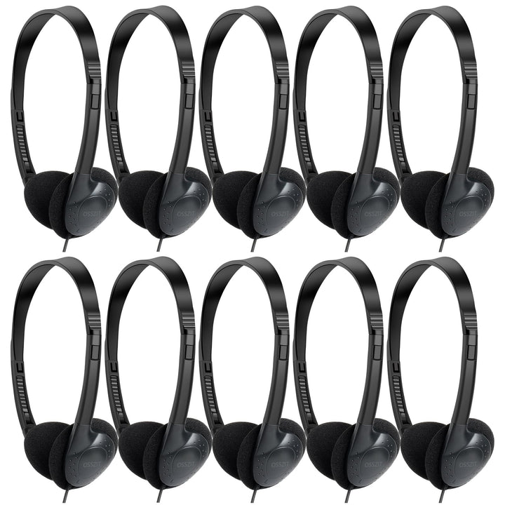 OSSZIT front packaging showing 30-pack black headphones and quick setup benefit
