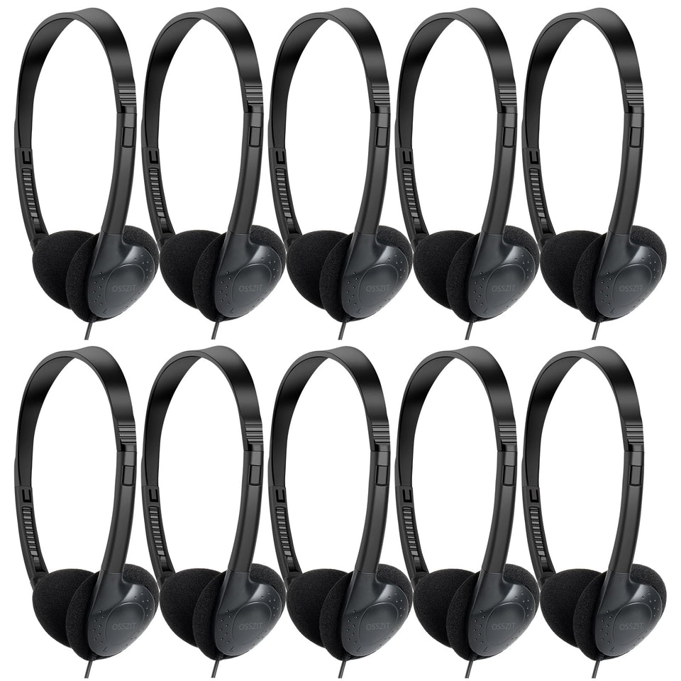 OSSZIT front packaging showing 30-pack black headphones and quick setup benefit