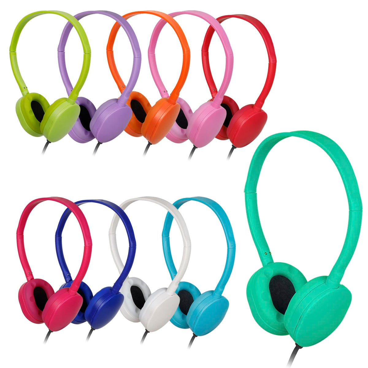OSSZIT kids headphones in classroom colors ready for focused learning on desks.