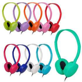 OSSZIT kids headphones in classroom colors ready for focused learning on desks.