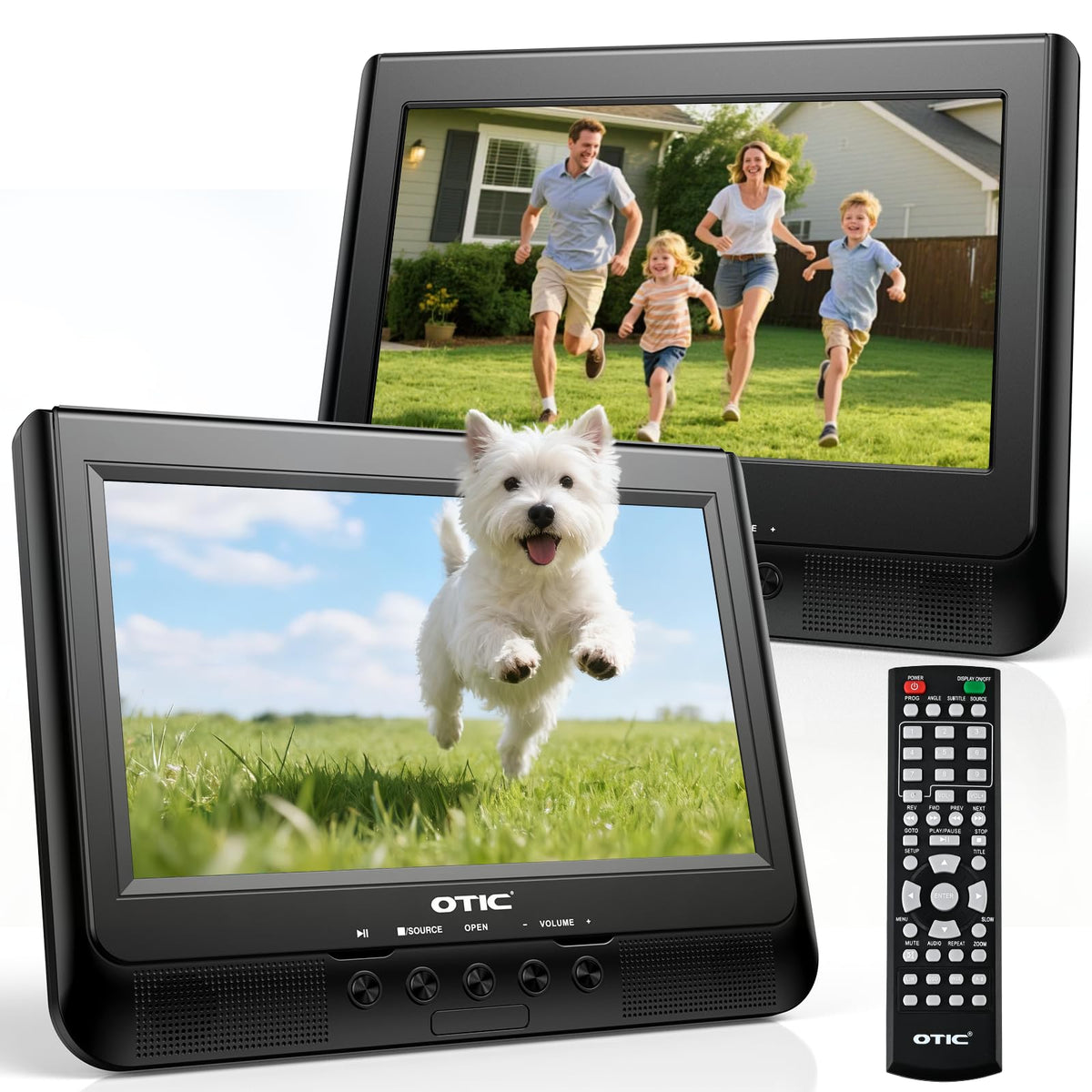 OTIC dual car DVD main unit front view with dual screens for shared road-trip viewing.