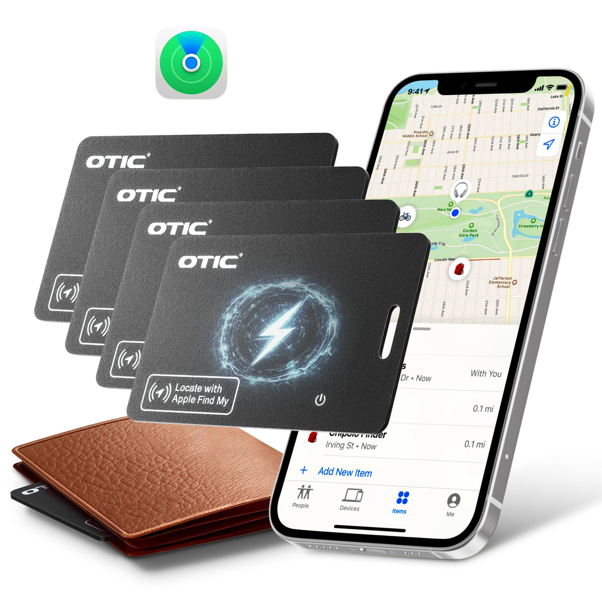 OTIC Wallet Tracker Card on a slim wallet enables Find My locating