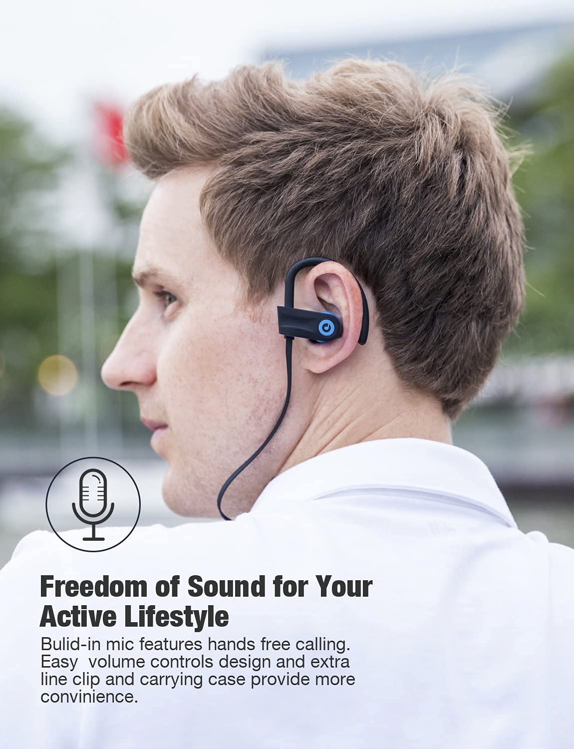 Otium earbuds used by runner outdoors showing water resistance advantage
