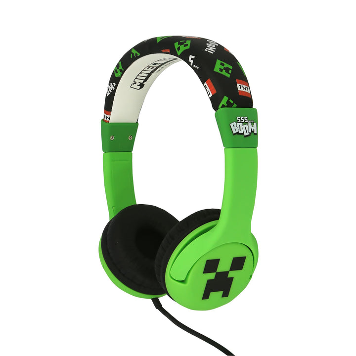OTL Technologies Minecraft headphones front view showing playful design and secure fit benefit