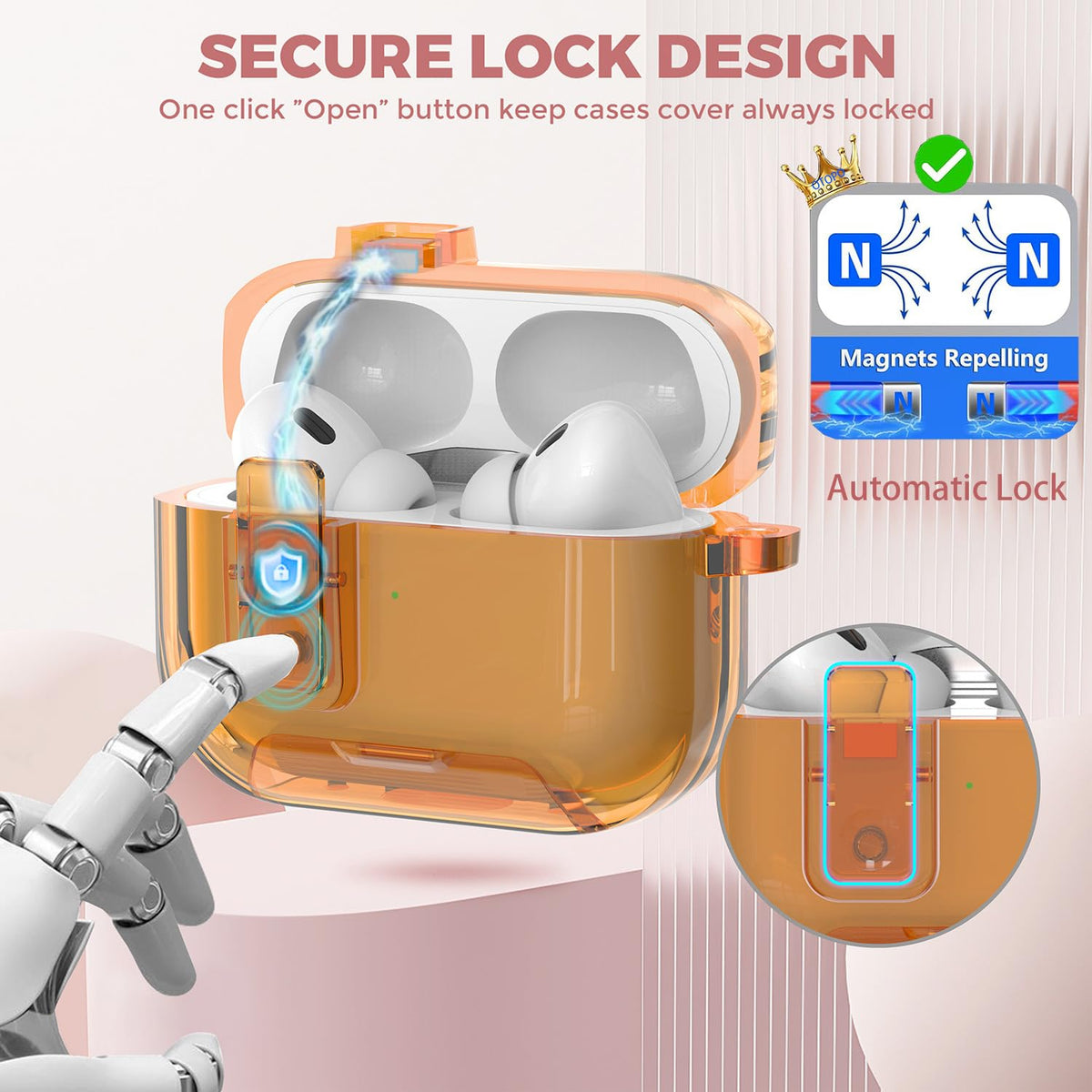 OTOTO AirPods Pro 3 case with automatic lock button for one-handed use