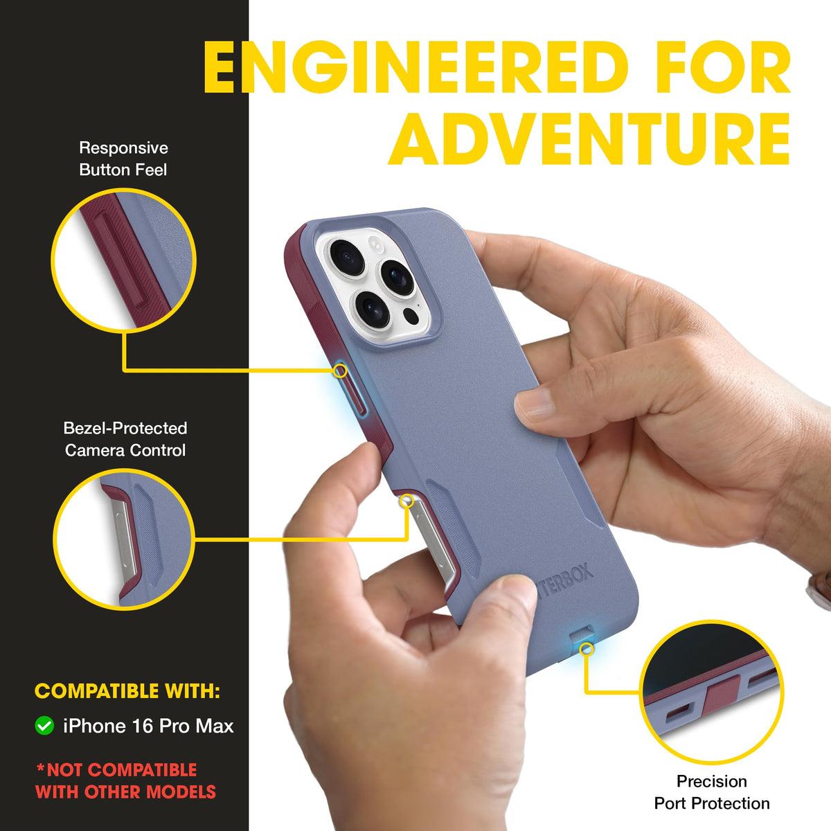 OtterBox Commuter side view highlighting tactile button covers for easy use