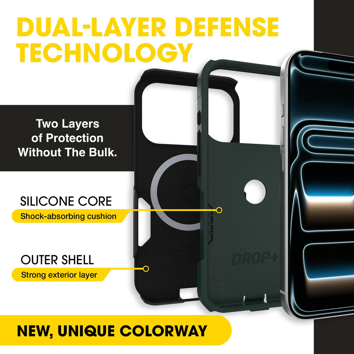 OtterBox Forest Night back profile highlighting dual-layer protection benefit