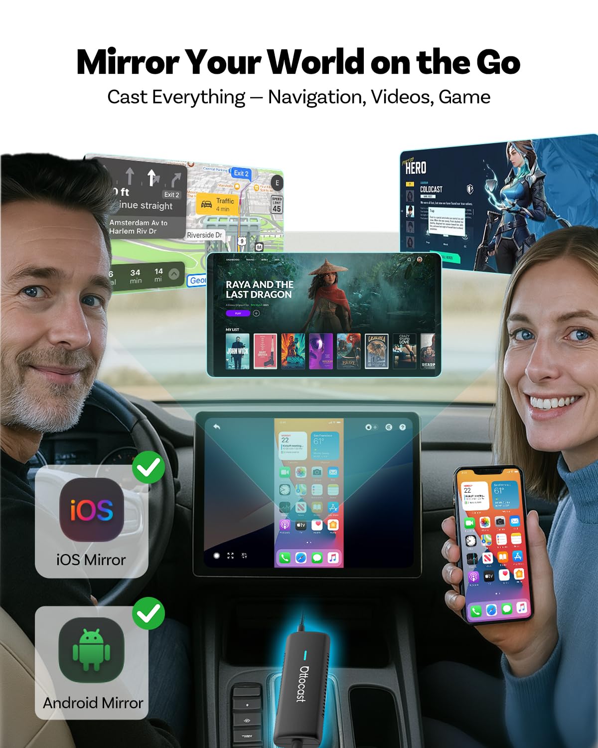 OTTOCAST Mirror Touch streams Disney+ and YouTube Kids on the car display